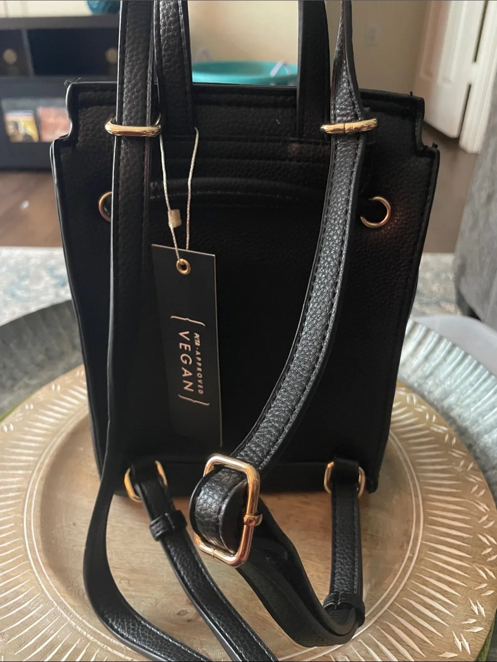 Black Women's Faux Leather Mini Backpack with Gold Turn-Lock